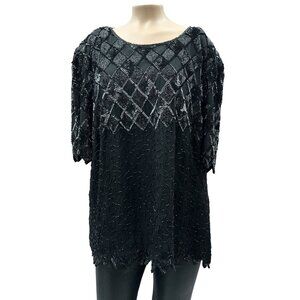80s Vintage Laurence Kazar‎ Sequin Beaded Silk Blouse Top Black Plus Size XL